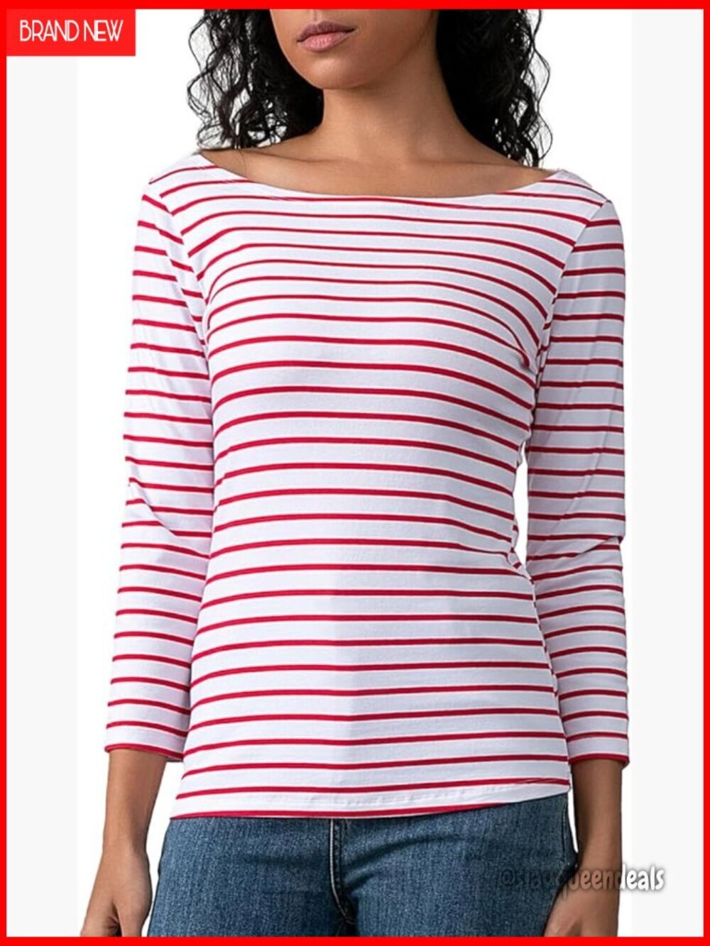 Slim Fit 3/4 Sleeve Boat Neck Striped T-Shirt, Cotton Spandex